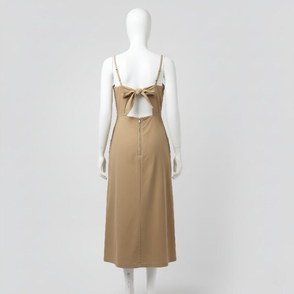 NWOT MNG Limited Edition Khaki Linen-Blend Back Tie Midi Dress Women’s 8 - Picture 8 of 15